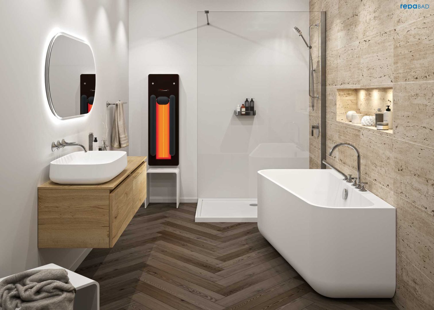 salle de bain moderne avec douche spacieuse et panneau infrarouge
